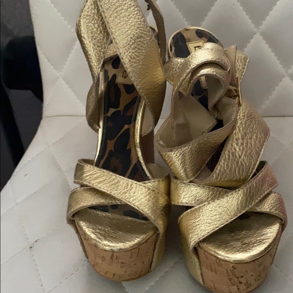 Bebe gold strappy wedge size 7